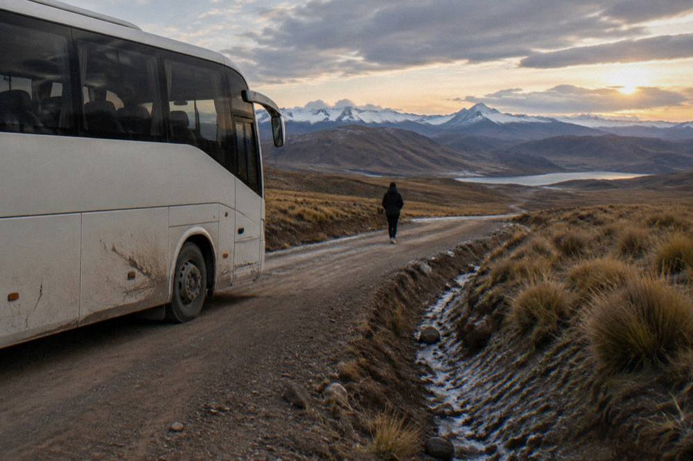 A tourist bus on an empty high plateau road between Puno and Cusco