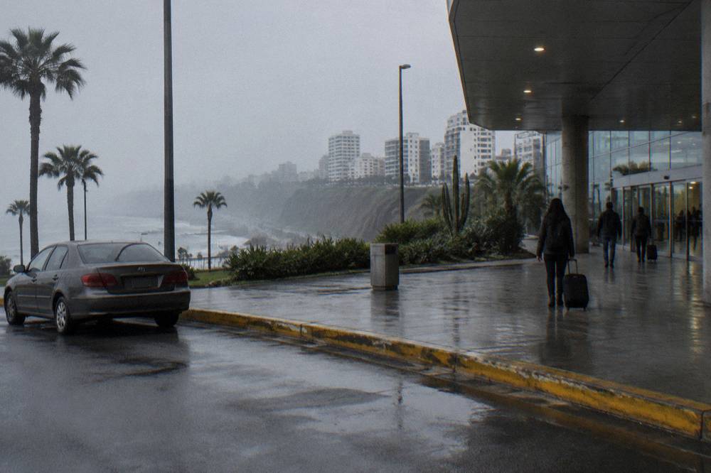A taxi waiting outside a bus terminal entrance in the early morning