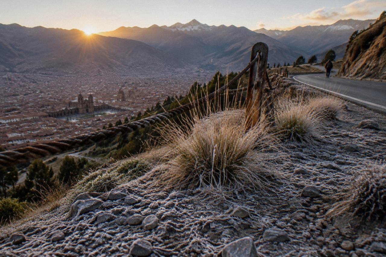 Andean peaks above a winding mountain road at sunrise