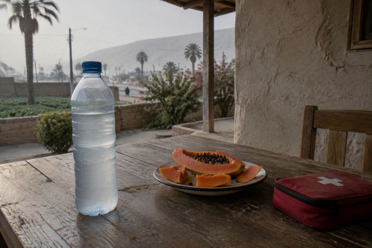 A bottle of water, fresh papaya and a small medical kit on a wooden table in a Peruvian guesthouse