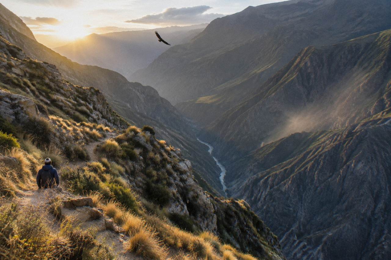 Andean condor soaring over Colca Canyon in clear morning light