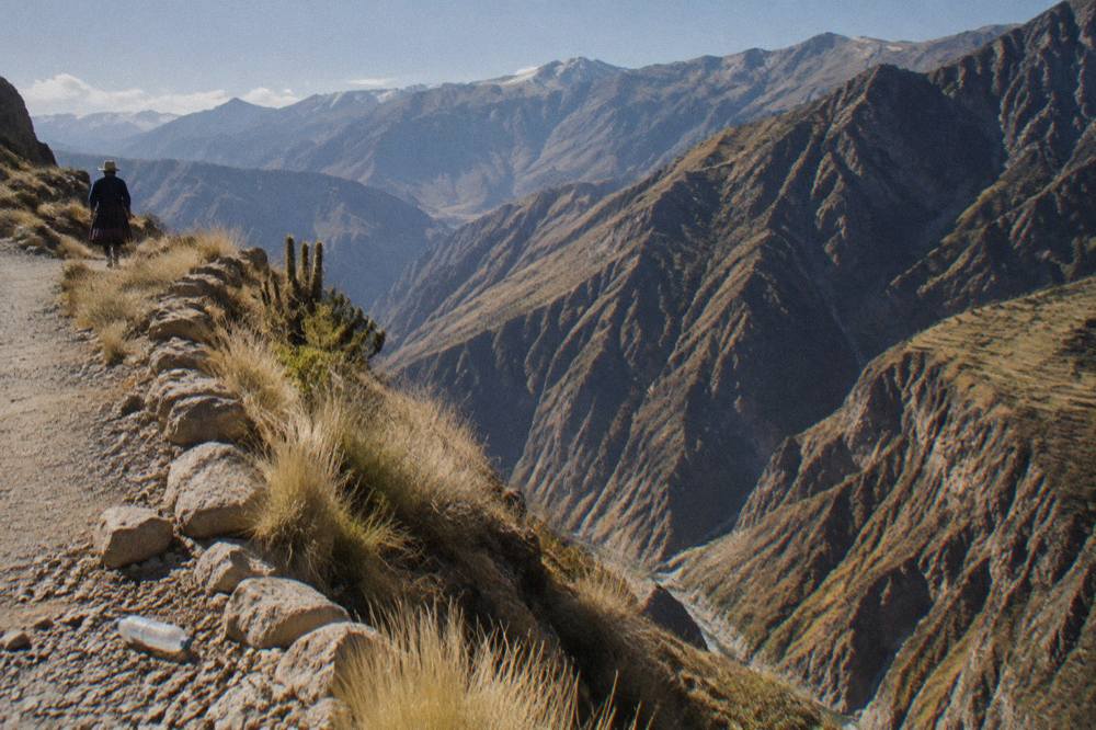 Andean valley terraces and farmland on the road into Colca Canyon at morning