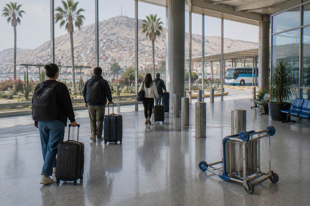 Passengers waiting with suitcases inside a bright modern bus terminal in Peru