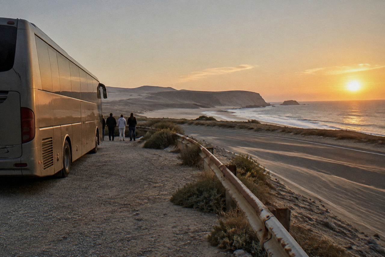 A long-distance touring bus parked at a roadside stop on a desert highway in southern Peru
