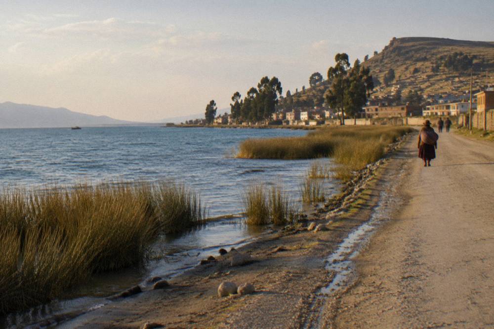 Turquoise water of Lake Titicaca seen from a shoreline road with reeds along the bank
