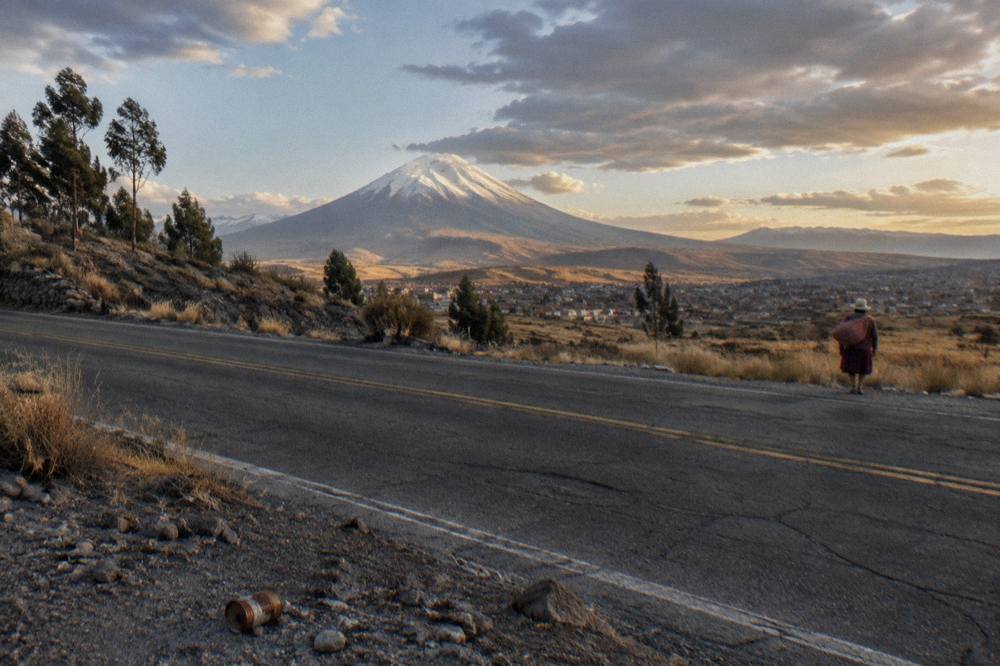 Golden altiplano plains with distant snow-capped peaks and a straight road running to the horizon
