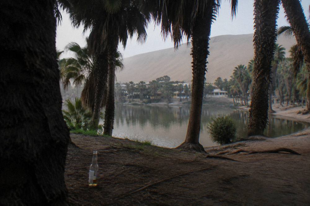 Oasis lagoon surrounded by palm trees and sand dunes at Huacachina