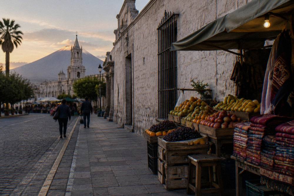 Local market stall with fresh fruit and woven textiles in an Andean town