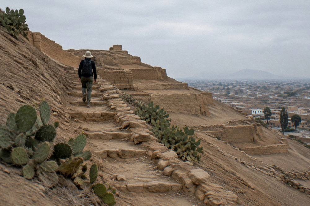 Stone terraces and long ridge path on Isla del Sol with Lake Titicaca stretching to the horizon