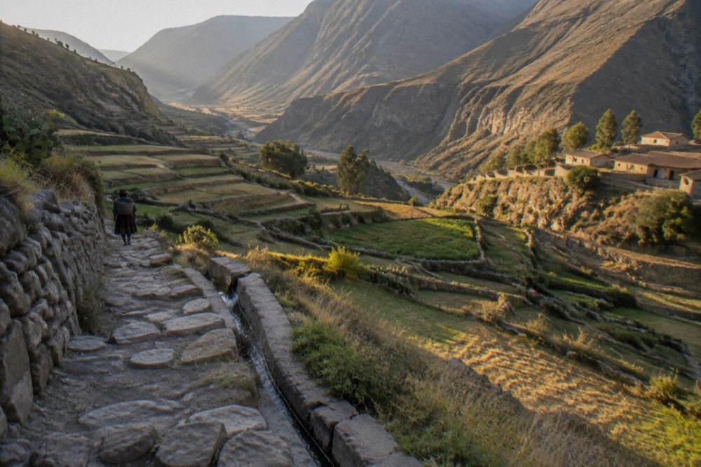 Terraced Inca agricultural fields on the canyon walls near Chivay
