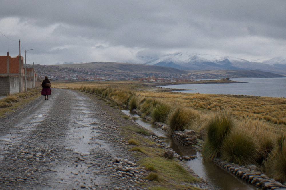 Open altiplano landscape with distant snow peaks along the road from Cusco to Puno