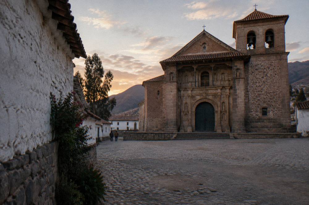 Colonial church facade in Andahuaylillas on the Cusco to Puno route