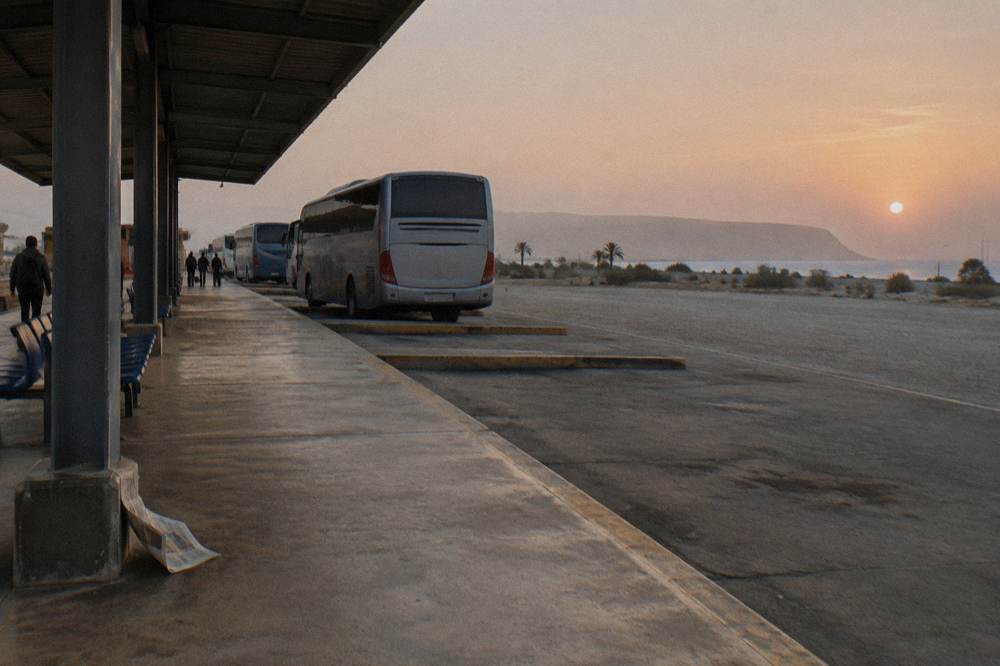 A passenger terminal platform with long-distance coaches waiting in bays at dusk