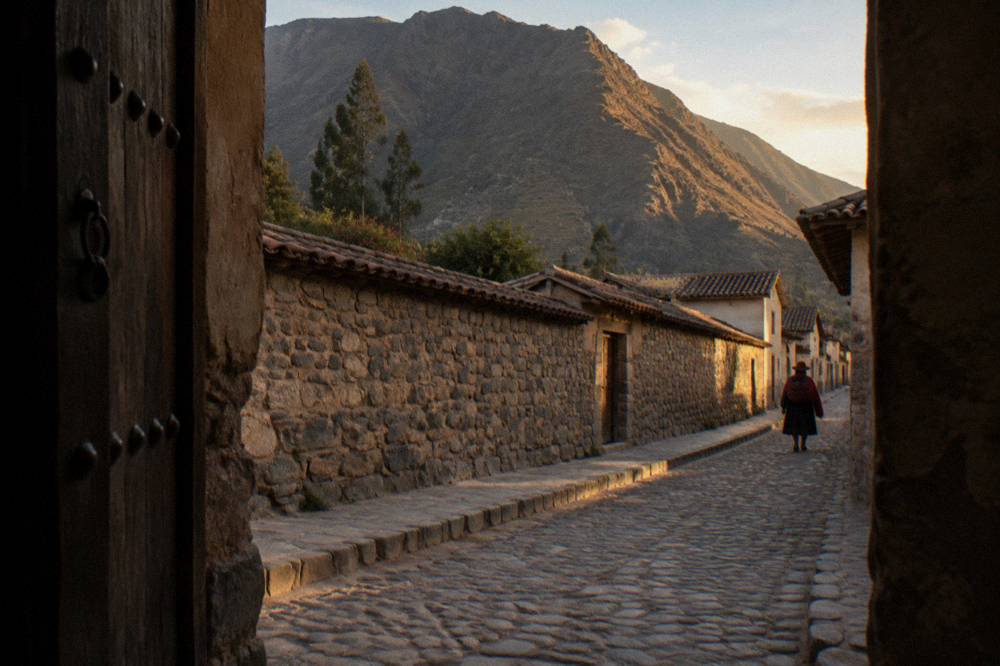 An old stone-walled Andean town street with a mountain rising behind it