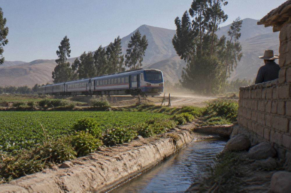 A scenic passenger train crossing open altiplano grassland near Lake Titicaca