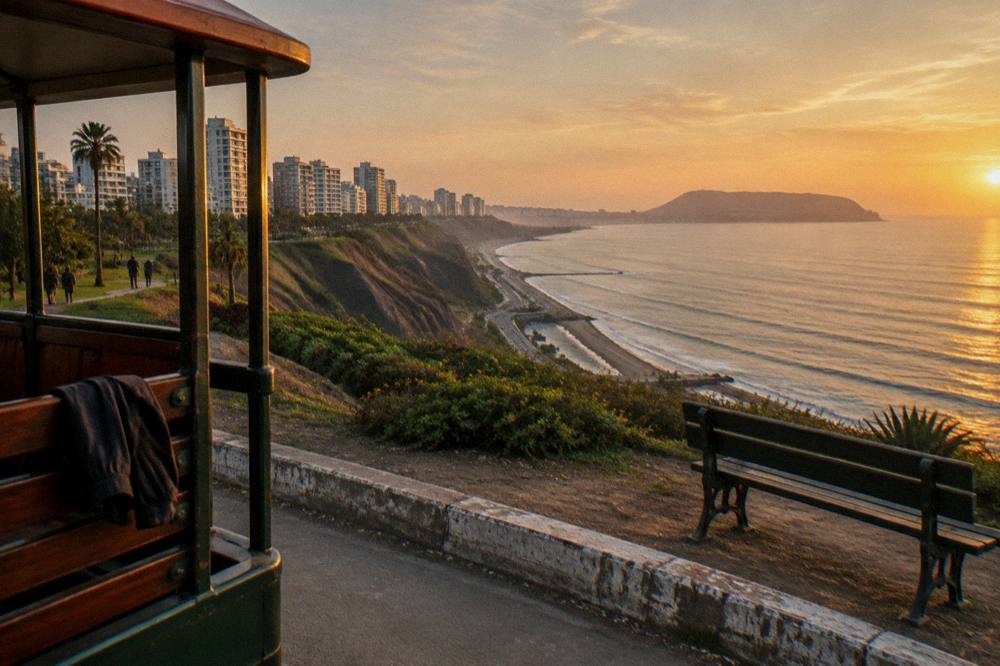 A panoramic window train travelling beside a wide highland lake at golden hour