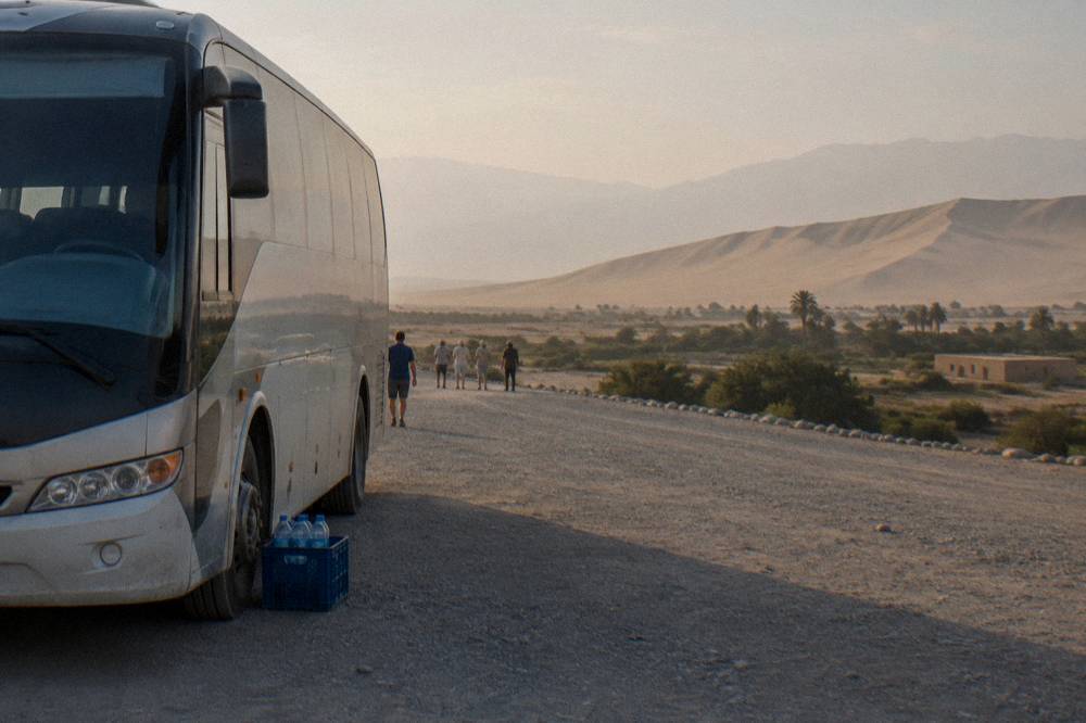 A touring coach parked on a desert road beside sand dunes in late afternoon light
