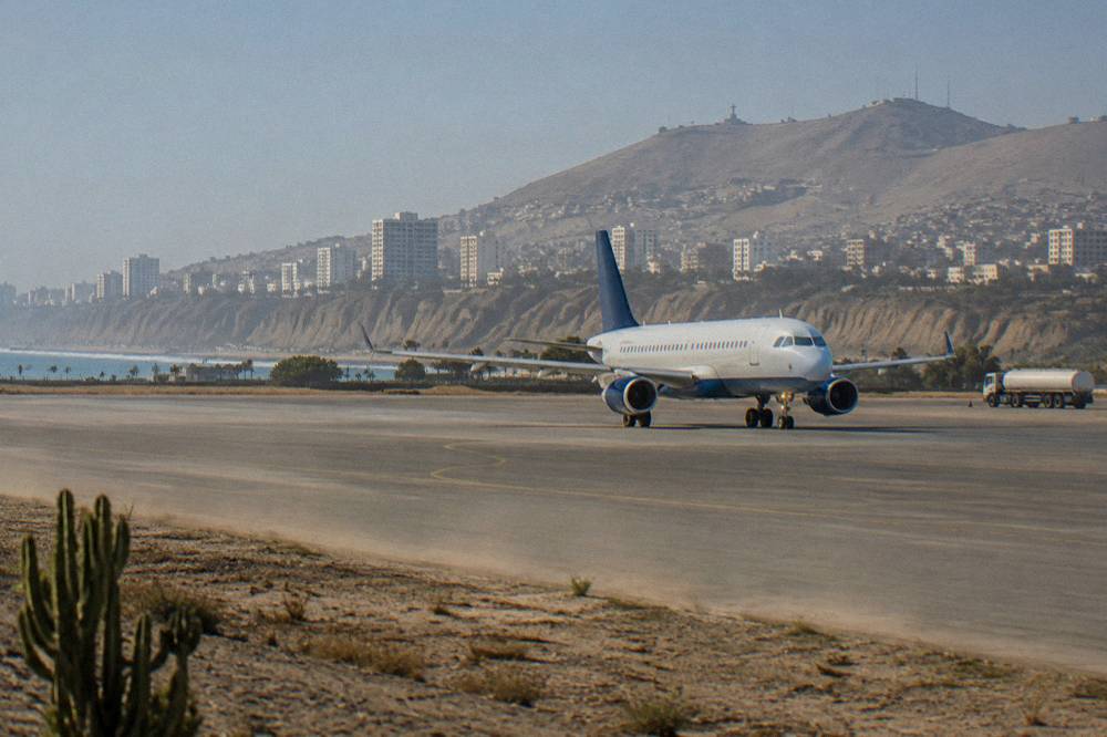 A small commercial aircraft on a runway with mountains rising behind it under morning light