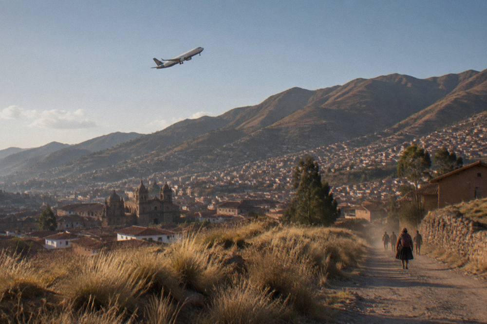 A passenger jet climbing steeply over brown Andean ridges shortly after takeoff