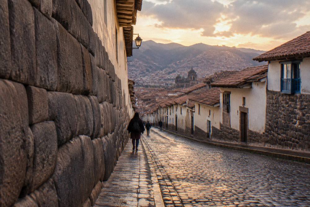 A cobblestone street in Cusco with terracotta roofs under an Inca stone wall