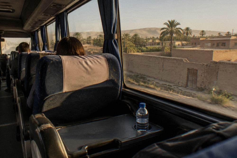 A bus interior with wide reclining seats and large windows facing sunlight