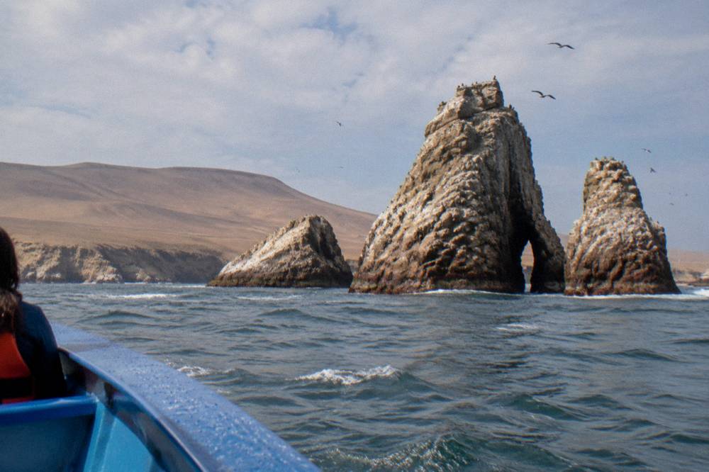 Small boat touring past seabirds and rock formations near the Ballestas Islands