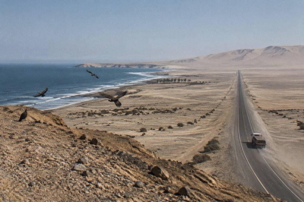Open desert highway with sand dunes rising in the distance under a wide sky