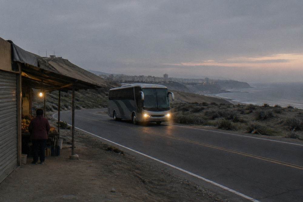 A touring bus traveling on a two-lane highway through open high-altitude grassland