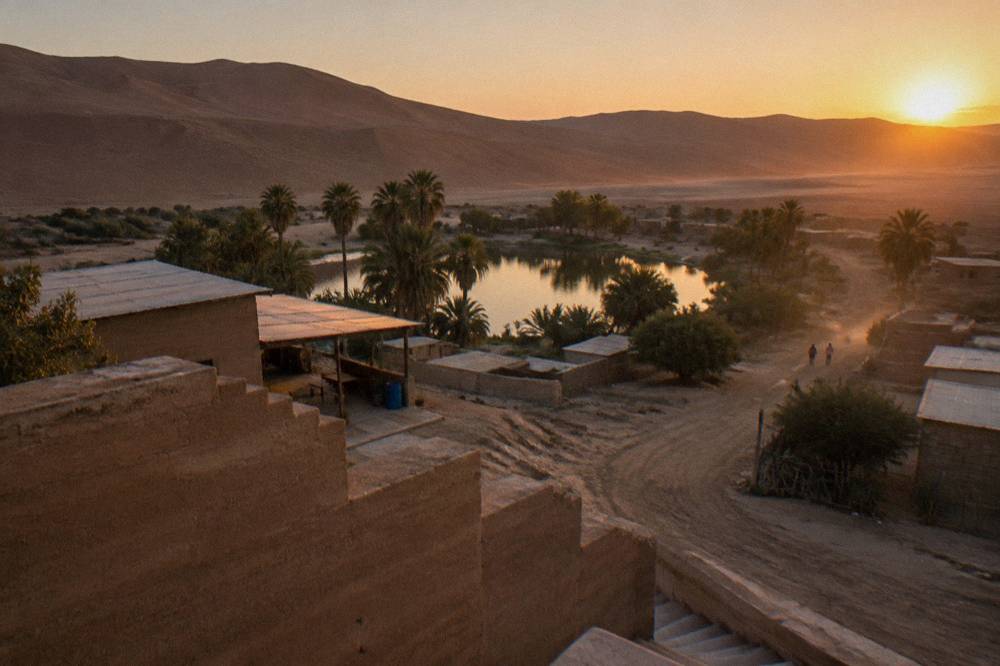 Yellow sand dunes rising above a small oasis town with a lagoon surrounded by palm trees